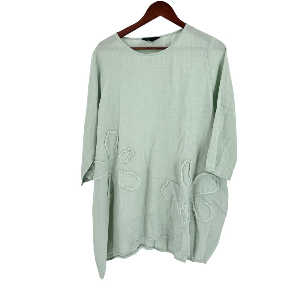 Peacock Ways Tunic Top Sage Green OS Floral Applique Linen Lagenlook Boho